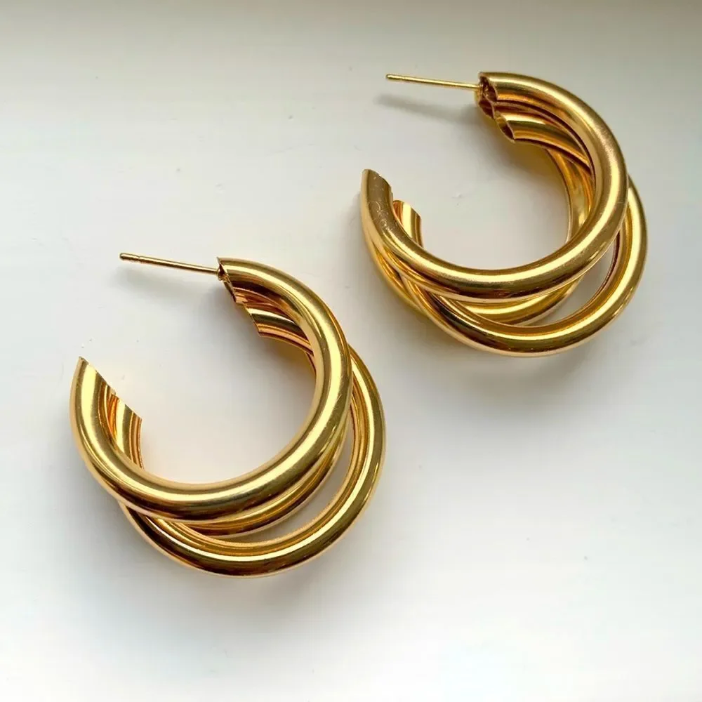 Hollow Triple Hoop 14k Gold Plated Earrings Tri Hoop Earrings